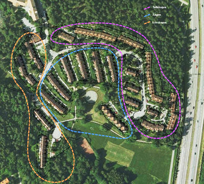 Flygfoto som visar olika områden i Skönstaholm